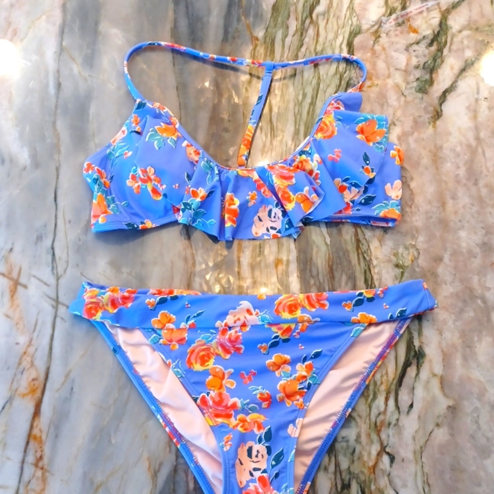 NWOT Mae Purple Orange Floral Ruffle Bikini, size large